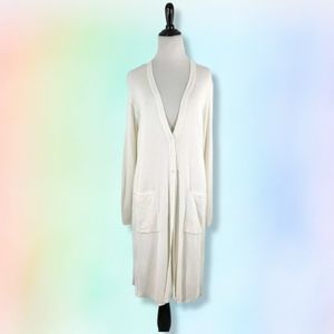 J Jill Cardigan Top Buttons Ribbed Long Ivory‎ Pockets Petite M Cotton Silk new